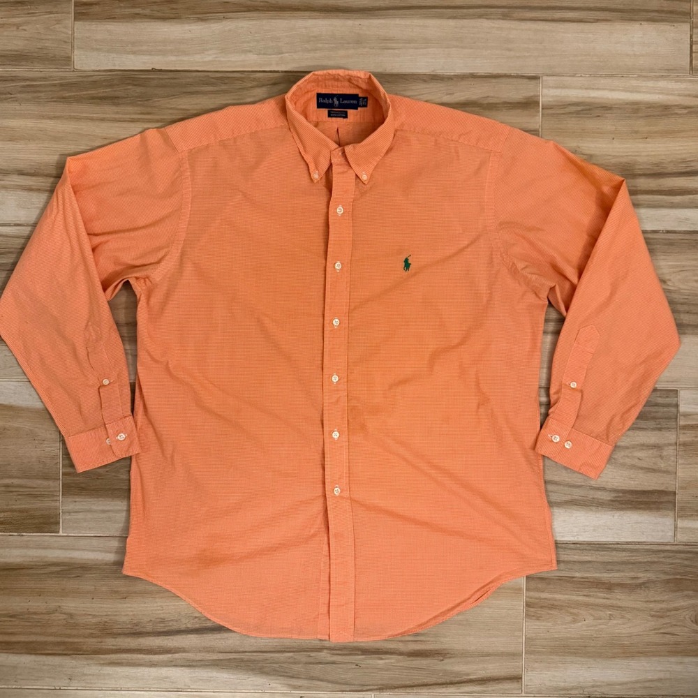 Ralph Lauren Yarmouth Mens Orange Gingham Button Down Shirt 16.5 34/35 Cotton